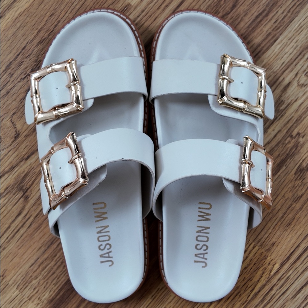 Jason Wu Cream Double-Strap Slides with Gold Buckles